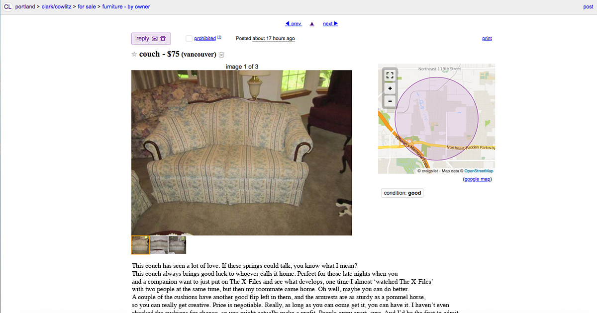 craigslist, couch, ad