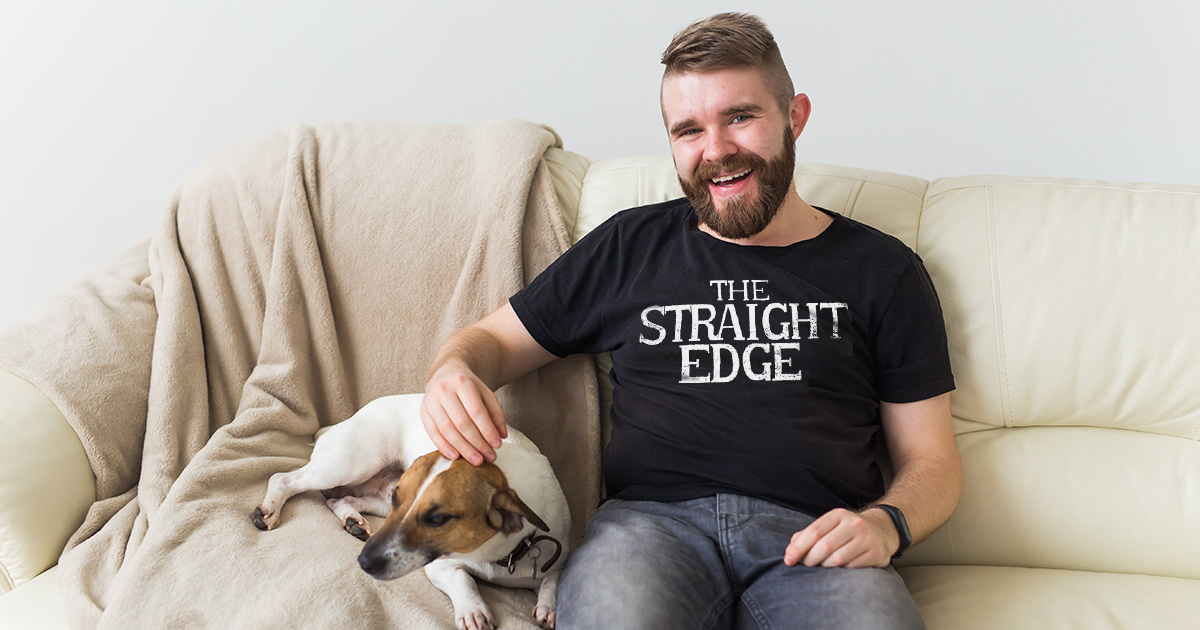 straight edge, dog, beard, happy, guy, couch, undercut, smile