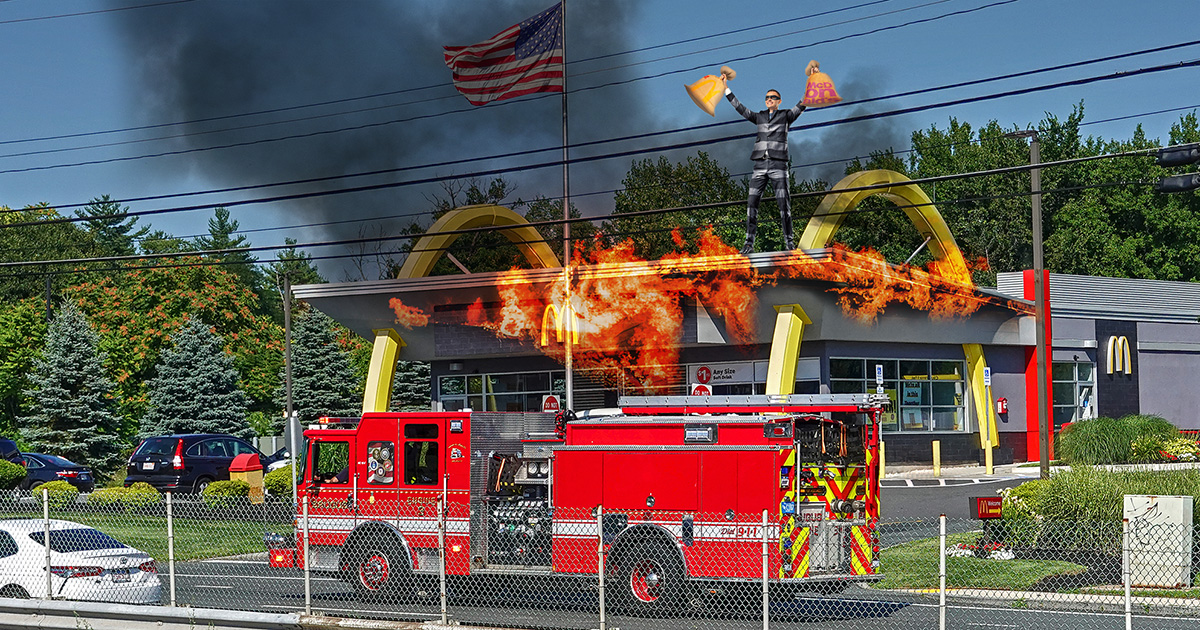 fire, fire truck, red, mcdonalds, gritty, burn down, scary, american flag, america, fast food