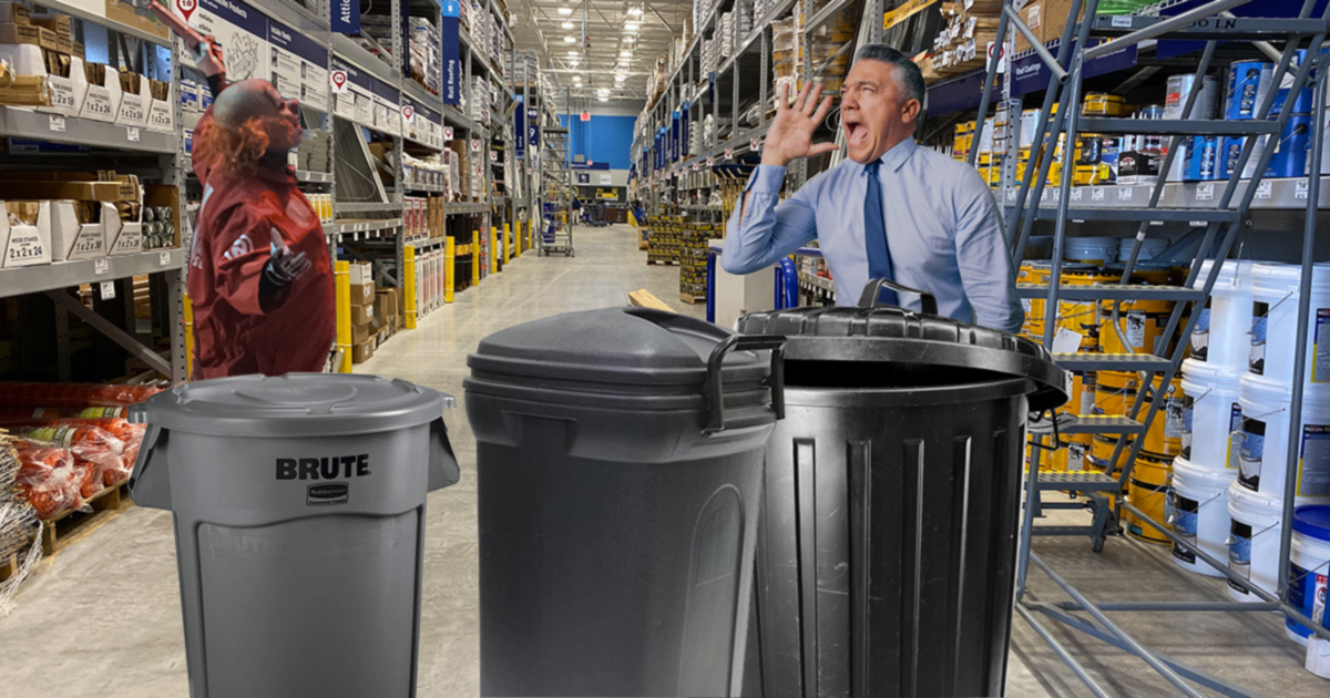 garbage can, plastic, metal, keg, baseball bat, manager, angry, tie, blue