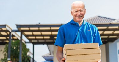 pizza, box, blue shirt, biden, awning, outside, move, labor, old fashioned