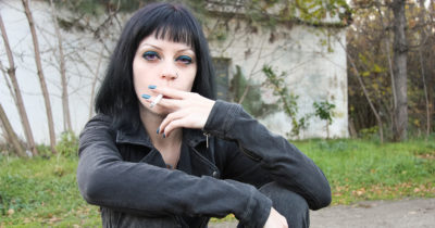 goth, wiccan, black hair, bangs, cigarettes, blue nails, black shirt, goth, pale, blue