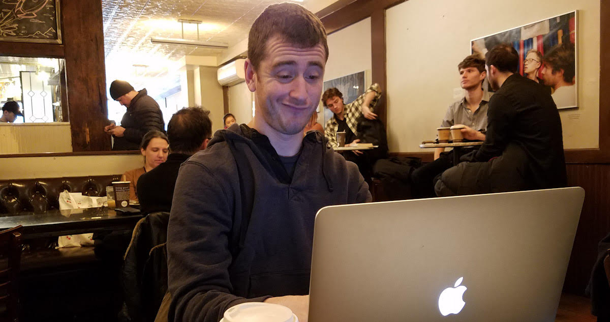 blogger, smirks, laptop, smug