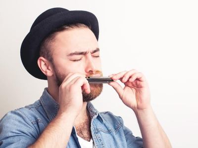 hat, harmonica, guy