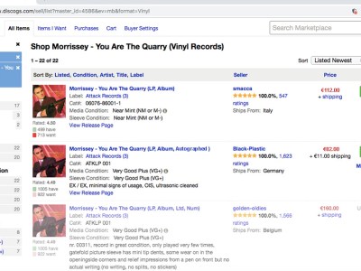 morrissey, autograph, discogs