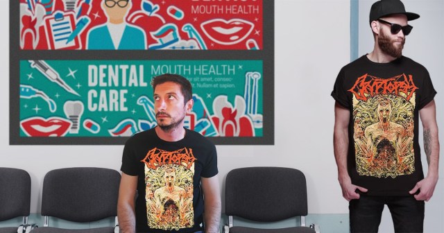 Two Guys Wearing Cryptopsy Shirts in Dentist Waiting Room Not Going to Acknowledge It