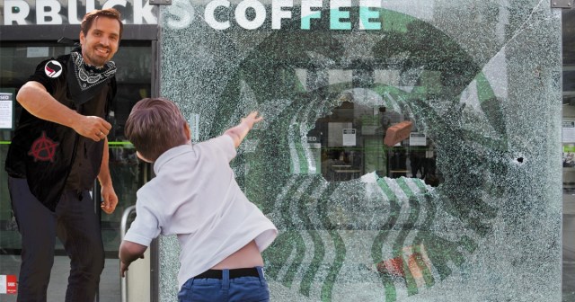 Anarchist Father Teaches Son to Throw Perfect Spiral Through Starbucks Window