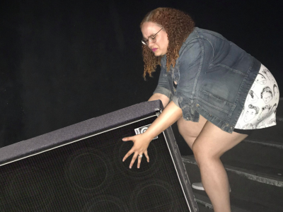 bass cab, woman, stairs