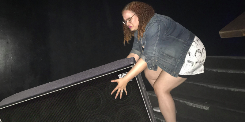 bass cab, woman, stairs