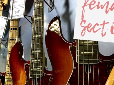 guitar center, bass, female