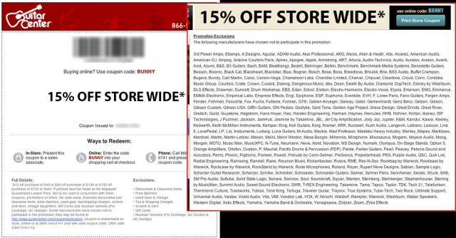 Amazing Guitar Center Coupon Gets Woman 15% Off Anything Except Products By A Designs, ADAM Audio, Aguilar, Allen & Heath, Alvarez, Ampeg, Antelope Audio, Apogee, Apple, Arturia, Ashdown, Ashly Audio, Avantone, Avid, BAE, Beetronics FX, Blackstar, Bose, Boss, Burl Audio, Caparison Guitars, Catalinbread, Chapman, Crate, Cusack Music, D.W. Fearn, Dangerous Music, Dean Markley, Duesenberg USA, Earthquaker Devices, Earthworks, Electro-Harmonix, Elysia, Empress Effects, Epiphone, Ernie Ball Music Man, EVH, Fender, Fender Custom Shop, Focal, Focusrite, Fostex, Friedman, Fulltone, Fulltone Custom Shop, Gallien-Krueger, Gibson, Gibson Custom, Golden Age Project, GoPro, Heritage Audio, ISP Technologies, JHS Pedals, Keeley, Kemper, Korg, Kurzweil, Kush Audio, LaChapell Audio, Lâg Guitars, Lewitt Audio Microphones, Lindell Audio, Mackie, Manley, Meinl, Metric Halo, Millennia, Milkman Sound, Mojave Audio, Moog, MOTU, Native Instruments, Neumann, Nord, Novation, Orange Amplifiers, Pettyjohn Electronics, Phoenix Audio, PRS, Radial Engineering, Randall, Rane, Reloop, Reverend, RME, Rockett Pedals, Roland, Royer, Ruach Music, se Electronics, Seqential, Serato, Shure, Slate Digital, Slate Pro Audio, Slate Media Technology, Softube, Soundbrenner, Source Audio, Squier, Steven Slate Drums, Studiologic, Suzuki, Taylor, Teenage Engineering, Telefunken, Teletronix, Toft Audio Designs, Tube-Tech, Voodoo Lab, Vox, Walrus Audio, Wampler, Warm Audio, Westone, Xotic Effects, Yamaha, ZT, Zvex