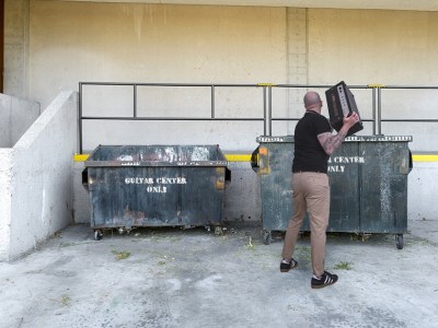 guitar center, unsold, dumpster