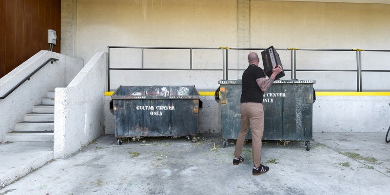 guitar center, unsold, dumpster