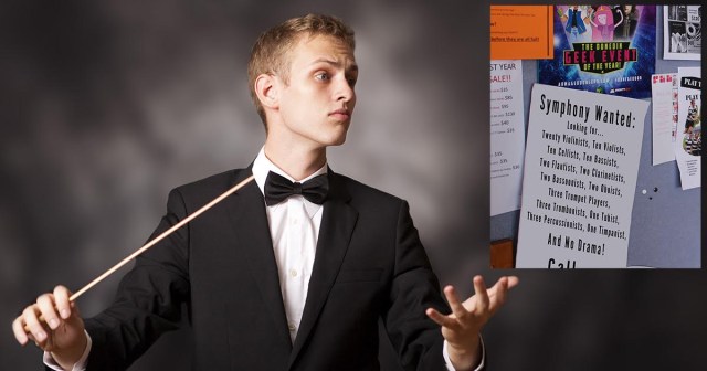 Aspiring Symphony Musician Seeks 20 Violinists, 10 Violists, 10 Cellists, 10 Bassists, Two Flautists, Two Clarinetists, Two Bassoonists, Two Oboists, Three Trumpet Players, Three Trombonists, One Tubist, Three Percussionists, One Timpanist, and No Drama