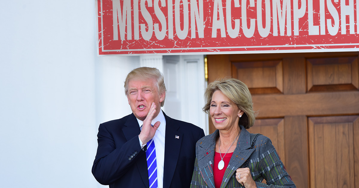 mission accomplished, trump, betsy devos, republican, democrat
