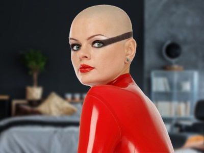 eyeliner, wings, shaved head