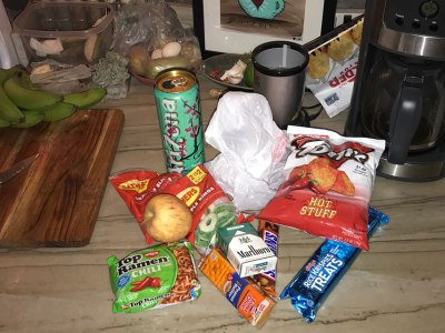 gas station, blue apron, random