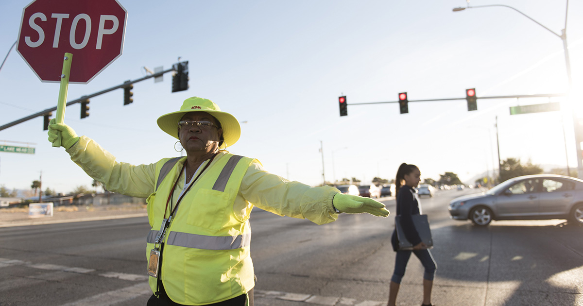 crossing guard, kids, street, neon, stop, stop sign, traffic