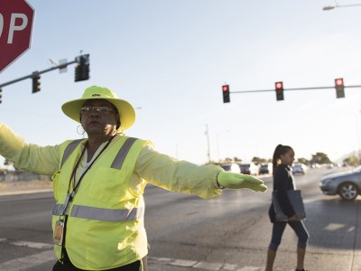 crossing guard, kids, street, neon, stop, stop sign, traffic