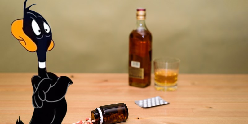 daffy duck, looney tunes, painkillers, addiction, sad