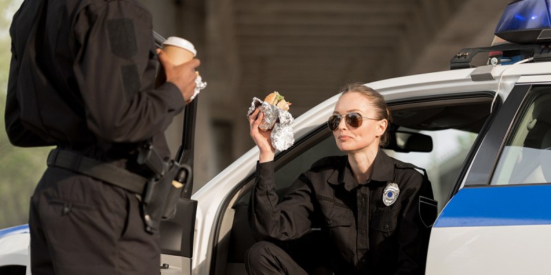 cop, police, food, spit, gross, dumb, naive