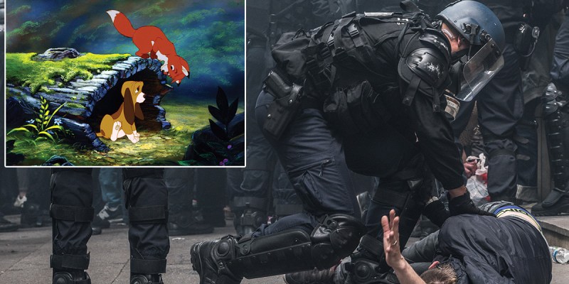 fox and the hound, riot, cop, riot gear, tear gas, violence, hurt