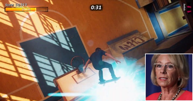 Betsy DeVos Calls for Public Schools to Be Defunded After Witnessing Rodney Mullen Do a 360 Kickflip Through Gymnasium Roof