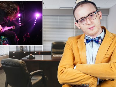 principal, music video, hair metal, strict, authority, yellow, bowtie