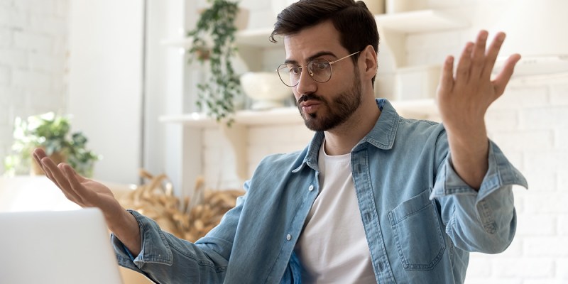 confused, frustrated, blue shirt, glasses, man, 30, old, child, immature, beard