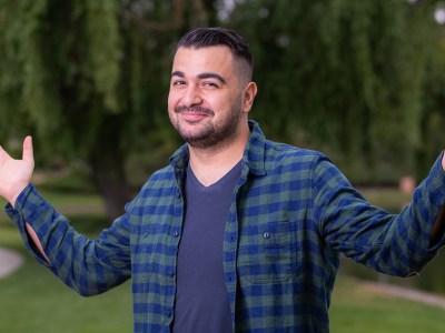 plaid, blue, purple, guy, shrug, trees, bread, pudgy, heavy, v-neck