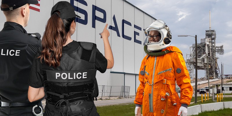 ship, space, rocketship, police, black astronaut, racist, profile, stereotype, blm