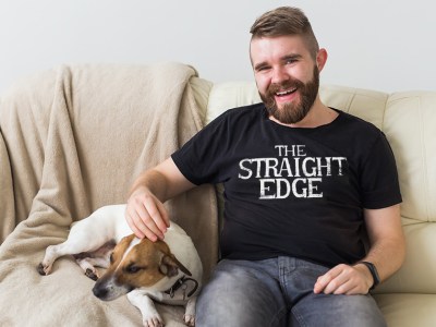 straight edge, dog, beard, happy, guy, couch, undercut, smile