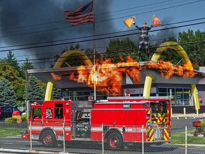 fire, fire truck, red, mcdonalds, gritty, burn down, scary, american flag, america, fast food