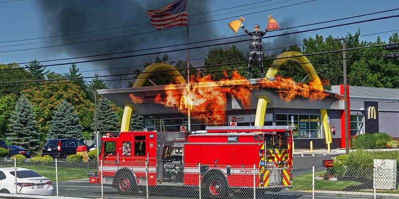 fire, fire truck, red, mcdonalds, gritty, burn down, scary, american flag, america, fast food