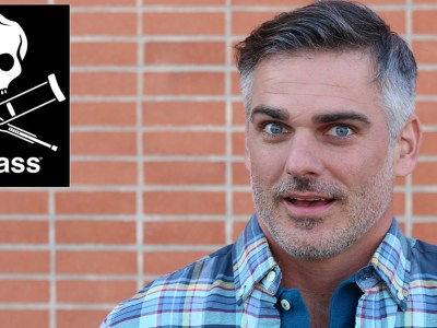 jackass, brick wall, grey hair, flannel, beard, old, surprise, skull and crossbones, stunt