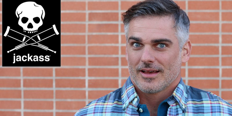 jackass, brick wall, grey hair, flannel, beard, old, surprise, skull and crossbones, stunt