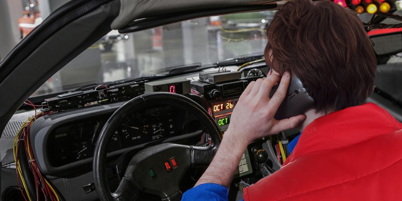 car, time machine, back to the future, red, blue, vest, phone, drunk