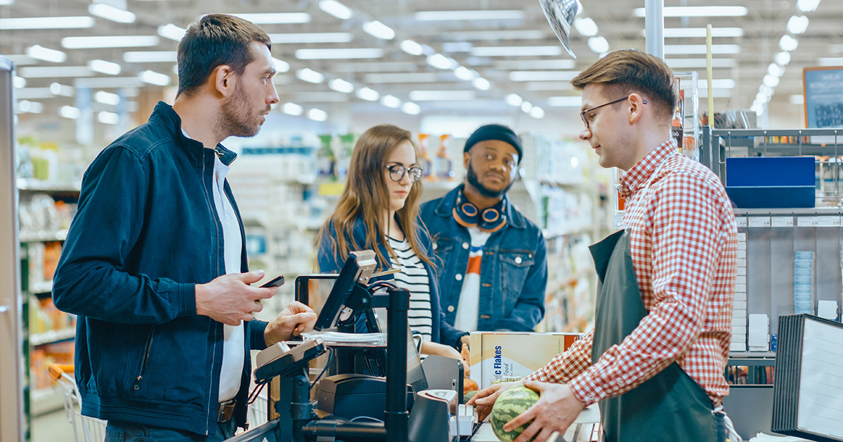 grocery store, line, cashier, apron, customer, food, checkout, annoying