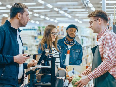 grocery store, line, cashier, apron, customer, food, checkout, annoying