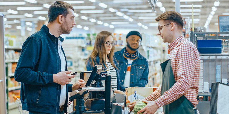 grocery store, line, cashier, apron, customer, food, checkout, annoying