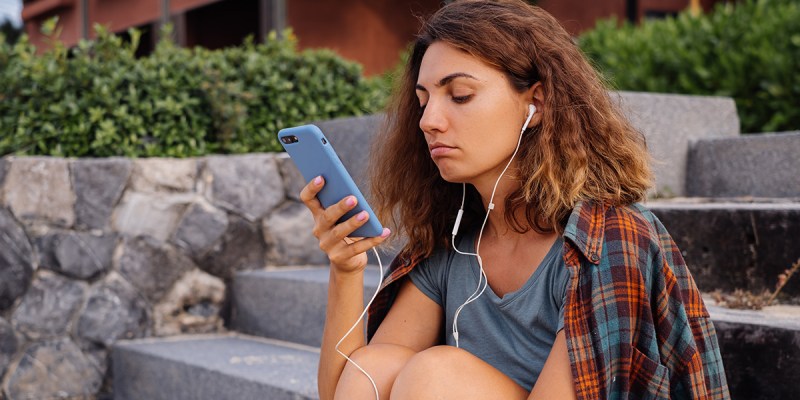 hair, curly, headphones, plaid, shirt, girl, stairs, stone, rock, bushes