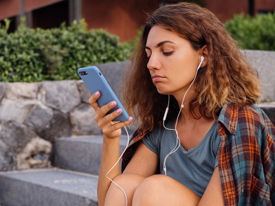 hair, curly, headphones, plaid, shirt, girl, stairs, stone, rock, bushes