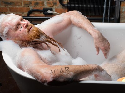 bath, bubbles, soap, tub, water, soak, dirty, tattoo, beard, dreads, gross, smelly