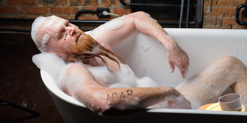 bath, bubbles, soap, tub, water, soak, dirty, tattoo, beard, dreads, gross, smelly