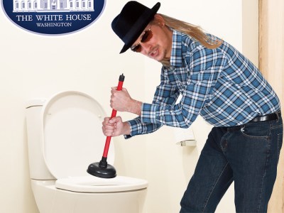 oval office, plunge, hat, glasses, long hair, plunger, poop, toilet paper, flannel, washed up