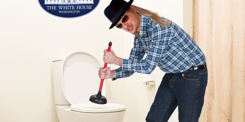 oval office, plunge, hat, glasses, long hair, plunger, poop, toilet paper, flannel, washed up