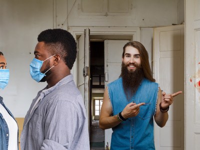 metalhead, realtor, house, sell, masks, blood, beard, long hair, couple, scary