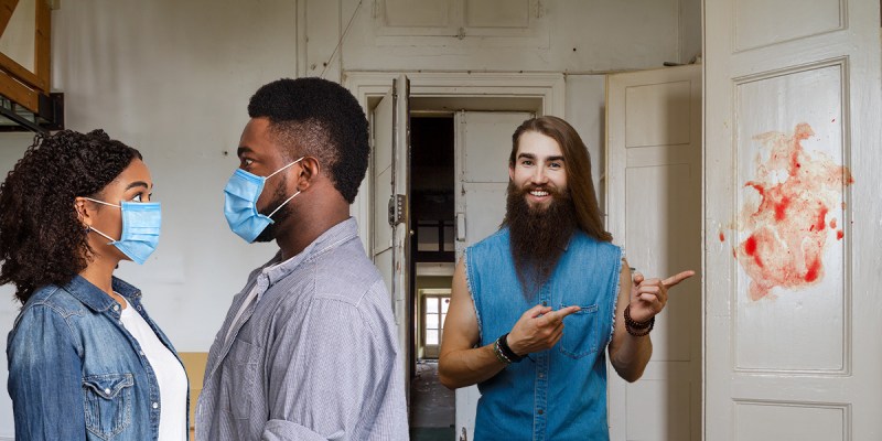 metalhead, realtor, house, sell, masks, blood, beard, long hair, couple, scary