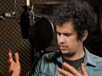 studio, microphone, curly hair, sing, sound proof, record, recording studio