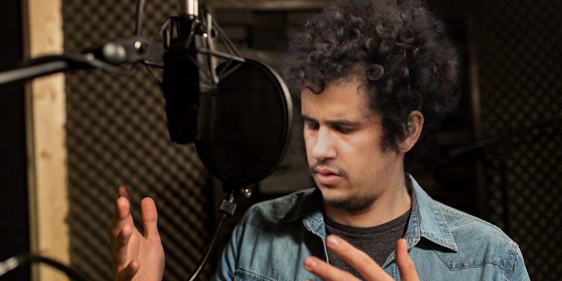 studio, microphone, curly hair, sing, sound proof, record, recording studio